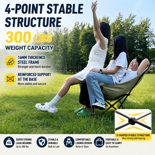 Adjustable outdoor height moon chair for camping, beach fishing, and picnics.